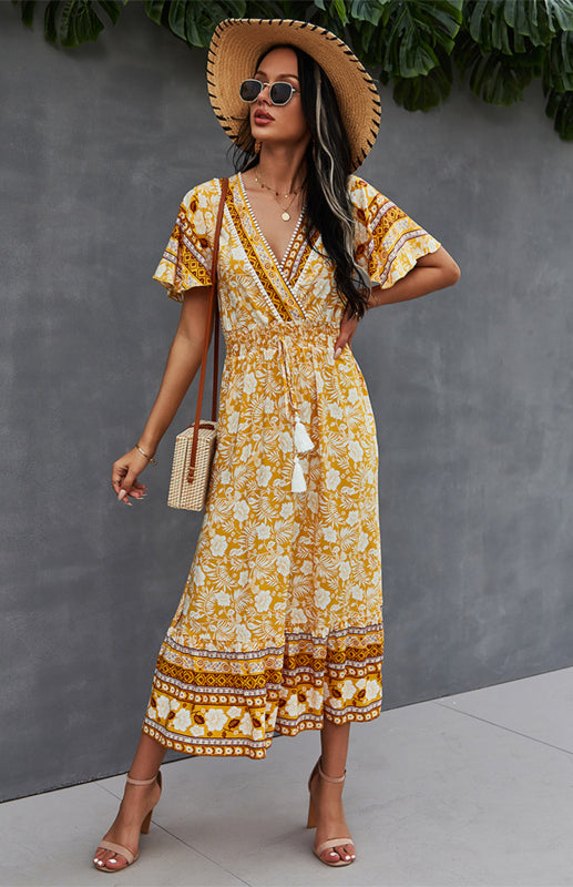 Summer V-Neck Tie Bohemian Dress
