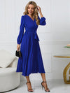 Luxury L'Affaire Women’s V Neck Faux-wrap Styling With Belt At Waist Maxi Pleated Long Sleeve Dress
