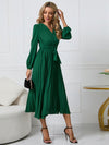 Luxury L'Affaire Women’s V Neck Faux-wrap Styling With Belt At Waist Maxi Pleated Long Sleeve Dress