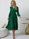 Luxury L'Affaire Women’s V Neck Faux-wrap Styling With Belt At Waist Maxi Pleated Long Sleeve Dress