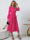 Luxury L'Affaire Women’s V Neck Faux-wrap Styling With Belt At Waist Maxi Pleated Long Sleeve Dress