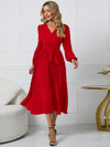 Luxury L'Affaire Women’s V Neck Faux-wrap Styling With Belt At Waist Maxi Pleated Long Sleeve Dress