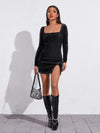 Luxury L'Affaire: Embrace Your Curves - Square Neckline Long Sleeves Velvet Slit Minidress