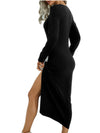 Luxury L'Affaire Women's Solid Colour Round Neck Slim Long Sleeve Slit Dress