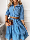 Luxury L'Affaire Women's Belted Tiered Skirt Long Sleeve Denim Shirt Dress