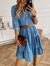 Luxury L'Affaire Women's Belted Tiered Skirt Long Sleeve Denim Shirt Dress