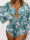 Luxury L'Affaire Women's Tropical Print Bikini Deep V-neck Long Sleeve Three Pieces Set