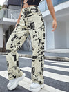 Women's Casual Fashion Trend Abstract Irregular Newspaper Printed Jeans