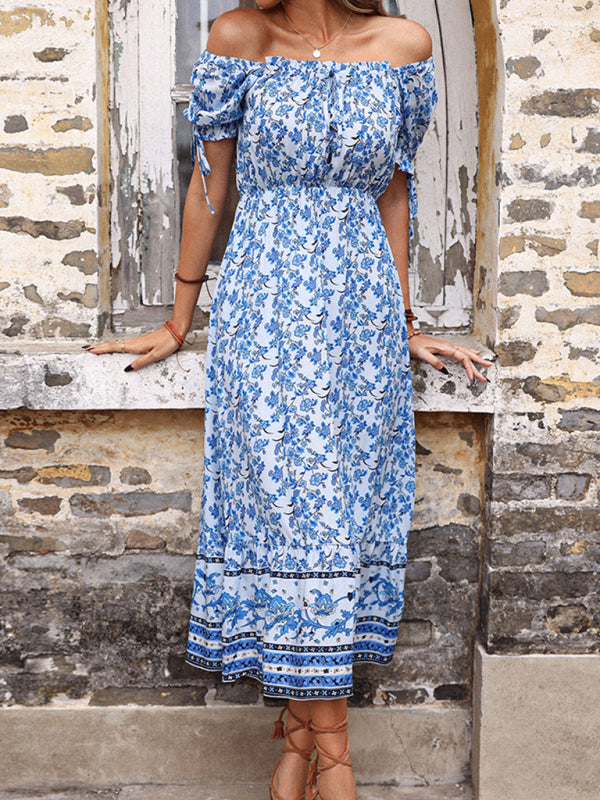 Nipped Waist Slim Midi Dress Vintage Print High Waist One Shoulder Dress