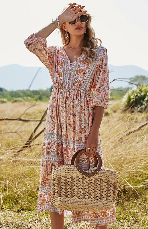 Women'S 3/4 Sleeve Boho Print Maxi Dress