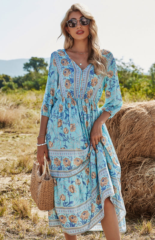 Women'S 3/4 Sleeve Boho Print Maxi Dress