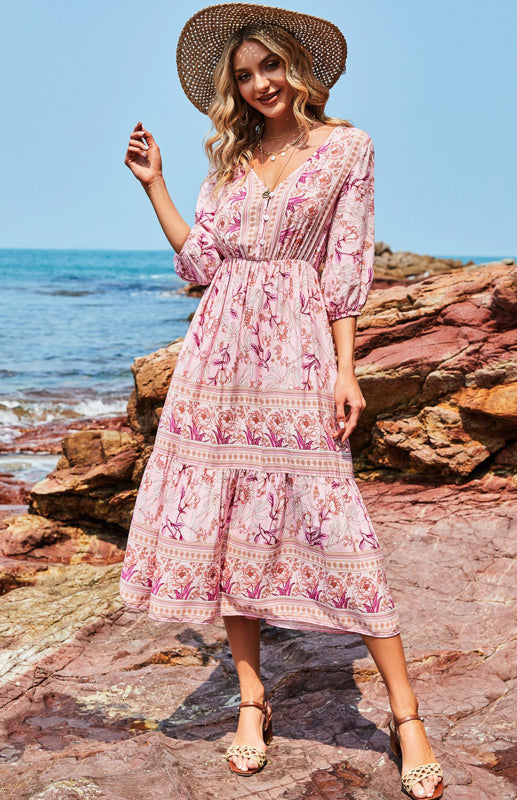 Women'S 3/4 Sleeve Boho Print Maxi Dress