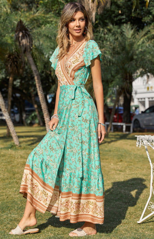 Women's Short Sleeve V Neck Boho Maxi Dress