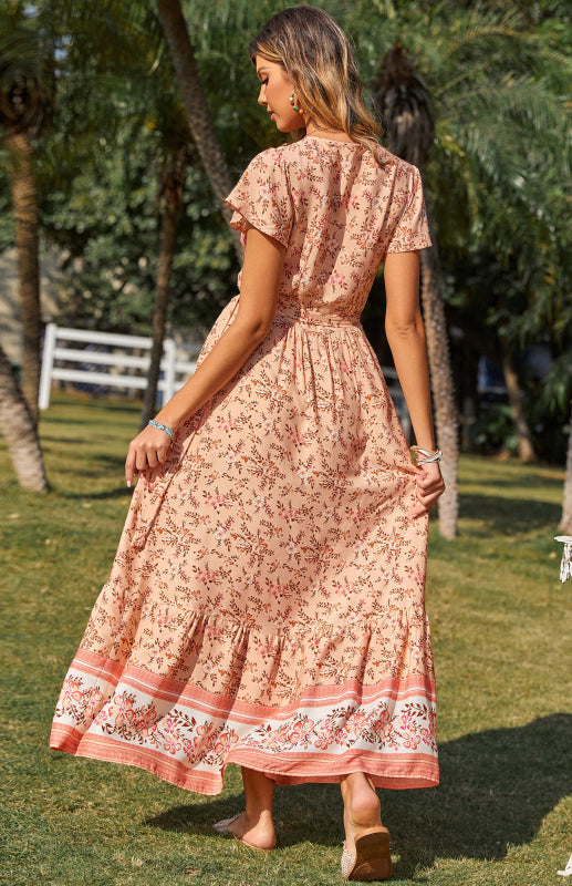 Women's Short Sleeve V Neck Boho Maxi Dress