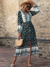 Luxury L'Affaire Women's Fall New V-Neck Puff Sleeve Boho Print Long Sleeve Slit Dress