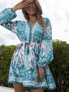 Luxury L'Affaire's Women’s Bohemian Style Detailed Pattern Sundress With Ribbon Waist Tie And Delicate Neckline Buttons