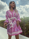 Luxury L'Affaire's Women’s Bohemian Style Detailed Pattern Sundress With Ribbon Waist Tie And Delicate Neckline Buttons