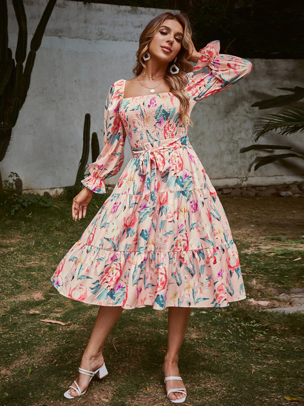 Printed High Waist Lace-Up Vacation Style Long Sleeve Fashion Dress