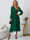 Luxury L'Affaire Women’s V Neck Faux-wrap Styling With Belt At Waist Maxi Pleated Long Sleeve Dress
