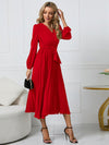 Luxury L'Affaire Women’s V Neck Faux-wrap Styling With Belt At Waist Maxi Pleated Long Sleeve Dress