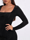Luxury L'Affaire: Embrace Your Curves - Square Neckline Long Sleeves Velvet Slit Minidress