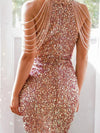 Luxury L'Affaire Women's Sequin Chain Beads Shoulder Straps Body-con Minidress