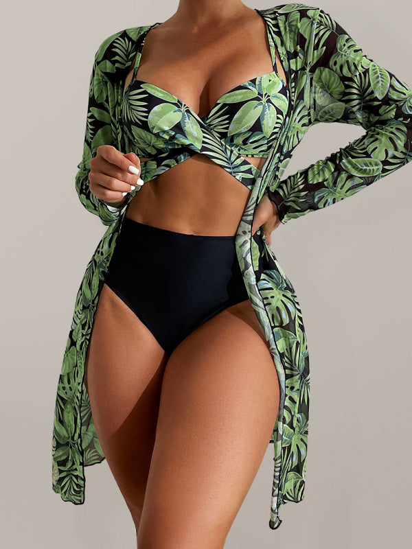 Women's tropical print bikini three-piece sets