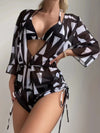 Luxury L'Affaire Women's Tropical Print Bikini Deep V-neck Long Sleeve Three Pieces Set