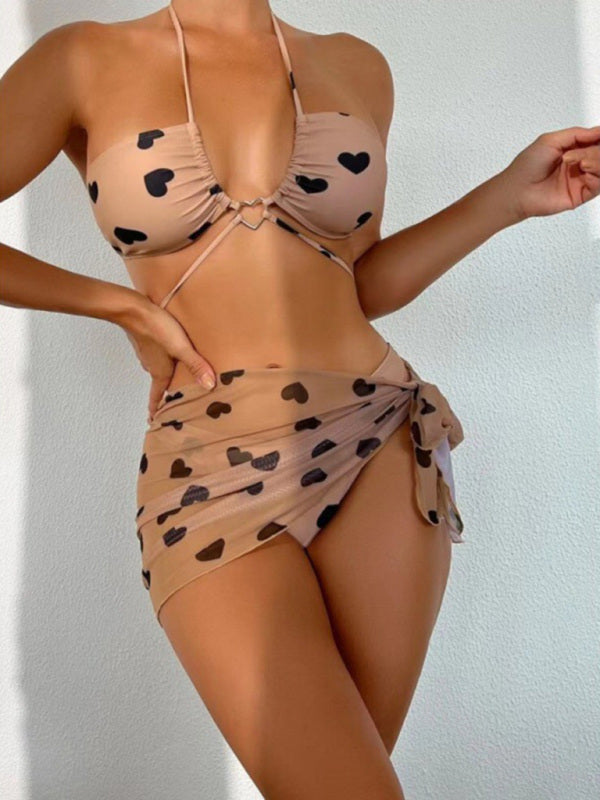 Women's 3pack Plus Heart Print Halter Bikini Swimsuit & Beach Skirt