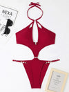 Luxury L'Affaire Women's Solid Color Cut-out Pearl Chain Halter One-piece Bikini Swimwear Sets