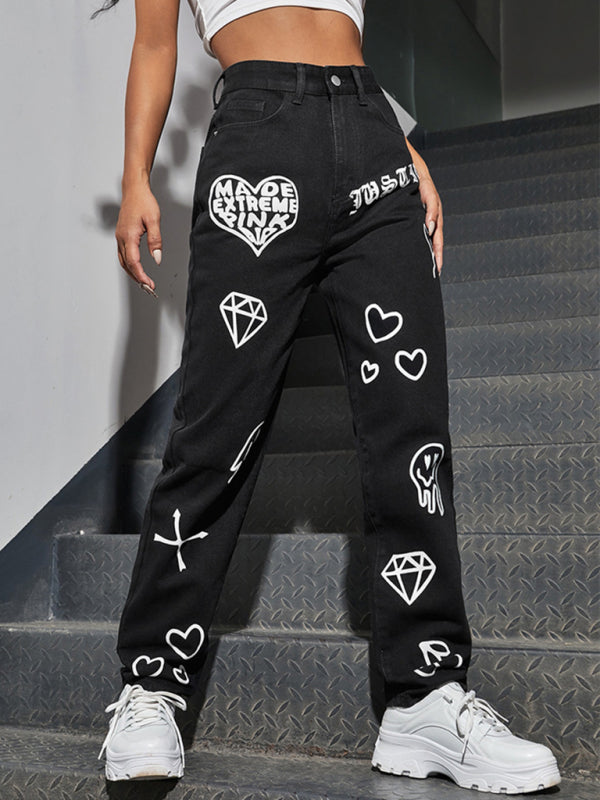 Women's Heart And Diamond Freedom Print Jeans
