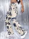 Women's Casual Fashion Trend Abstract Irregular Newspaper Printed Jeans