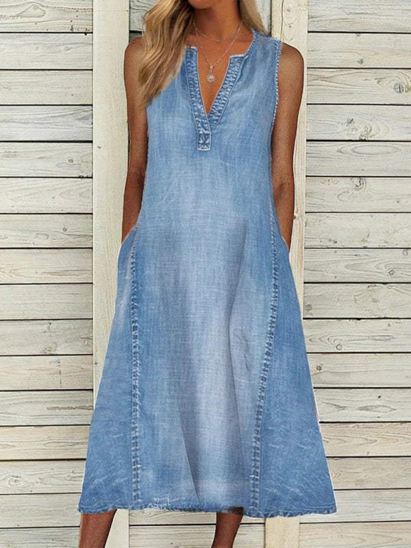 New solid color sleeveless V-neck loose casual denim dress