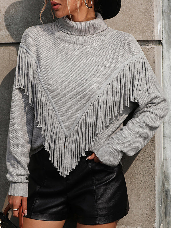 Women's Loose Fringed Sweater Knit Turtleneck Sweater